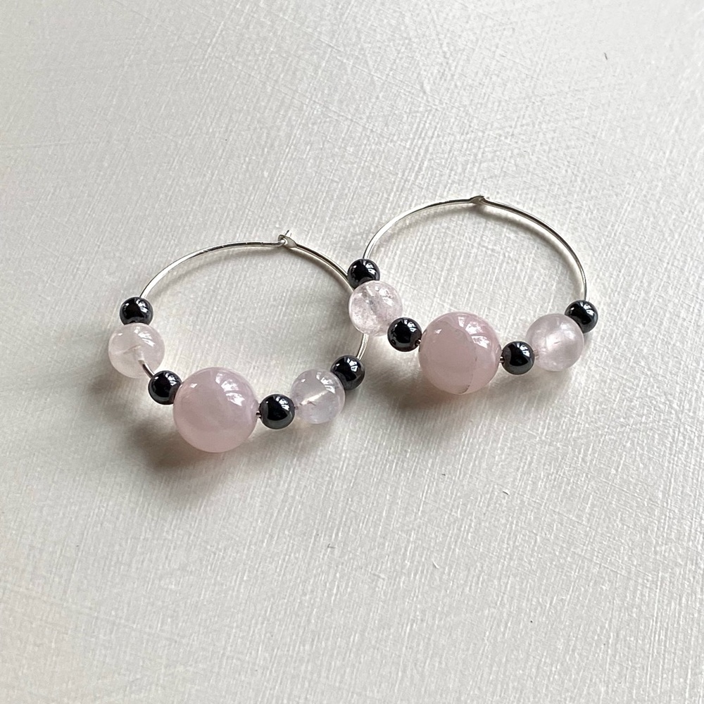 Handcrafted Rose Quartz, Hematite and Sterling Silver Hoop Earrings